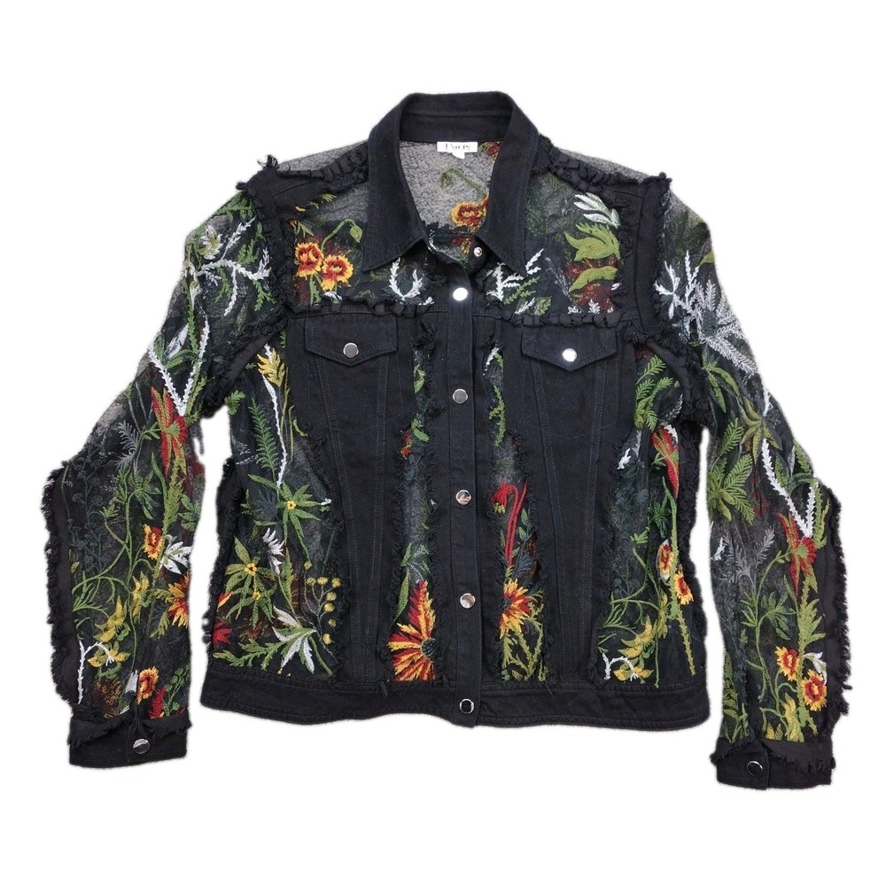 Paris Hues Floral Sheer Denim Jacket Women's Size L/XL Black Colorful Snap Close